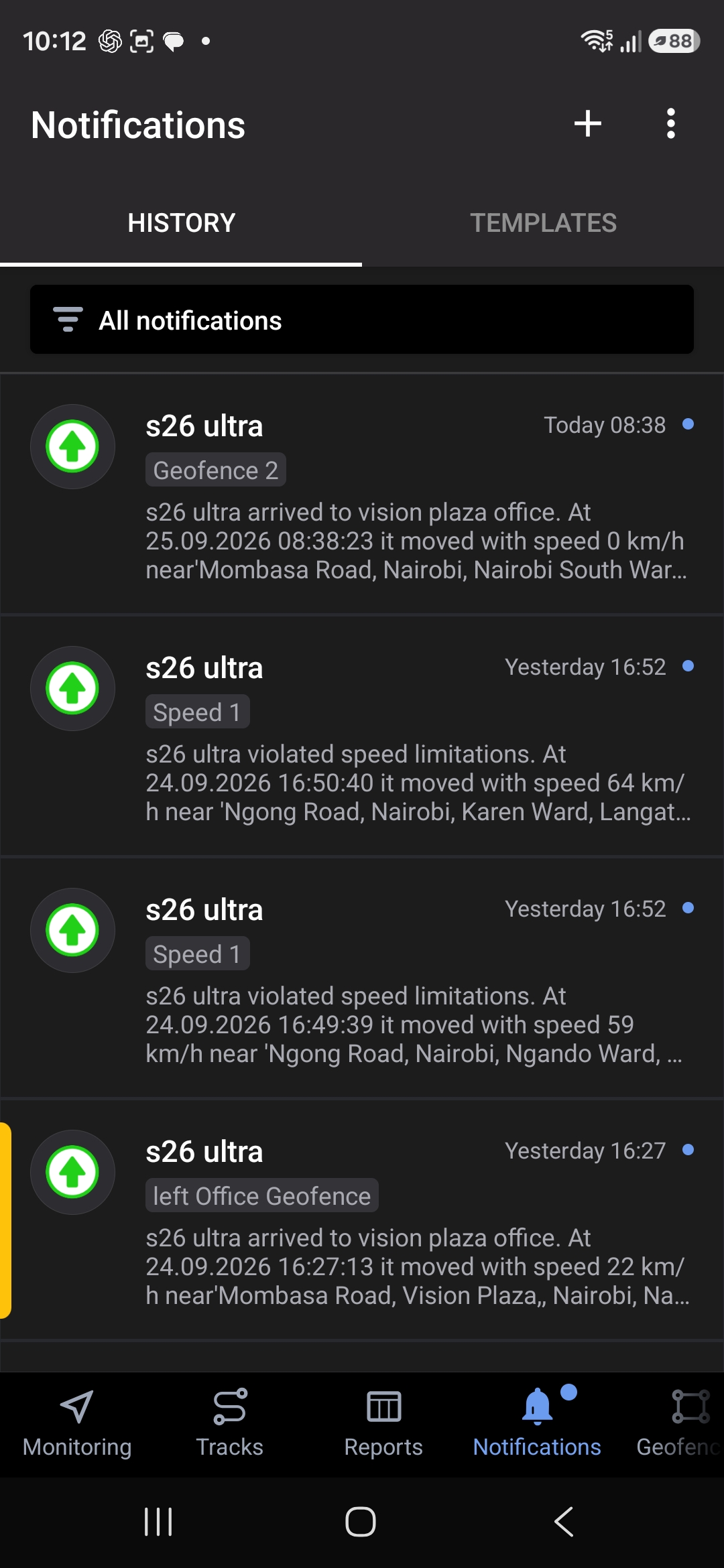 Notification history showing recorded geofence and speed events with timestamps