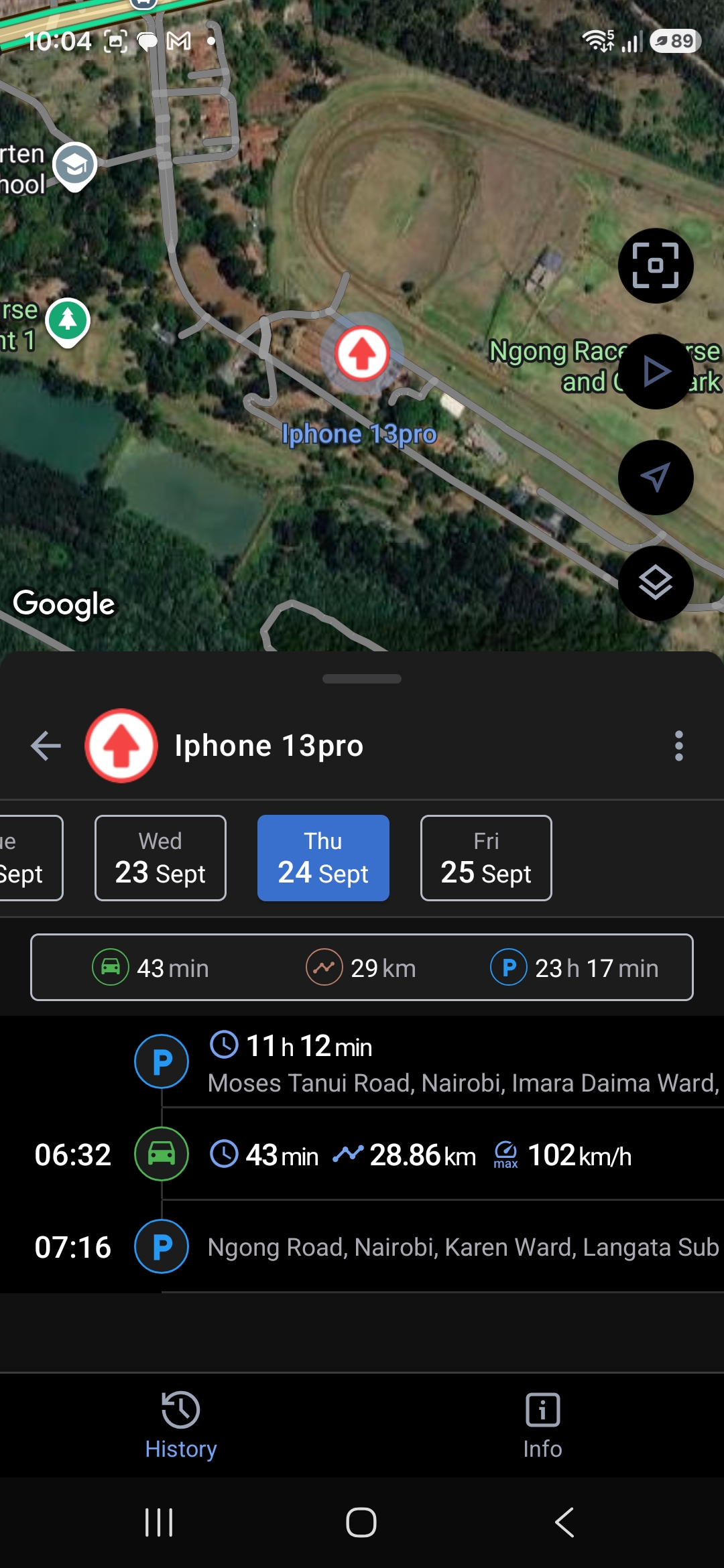 Phone trip history showing travel time, distance, stops and maximum recorded speed