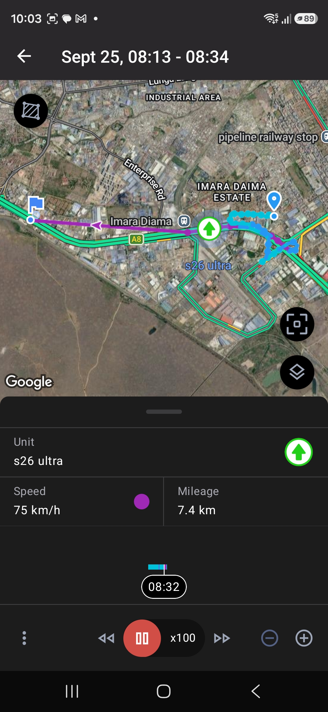 Recorded phone journey displayed on a map with playback controls, speed and distance